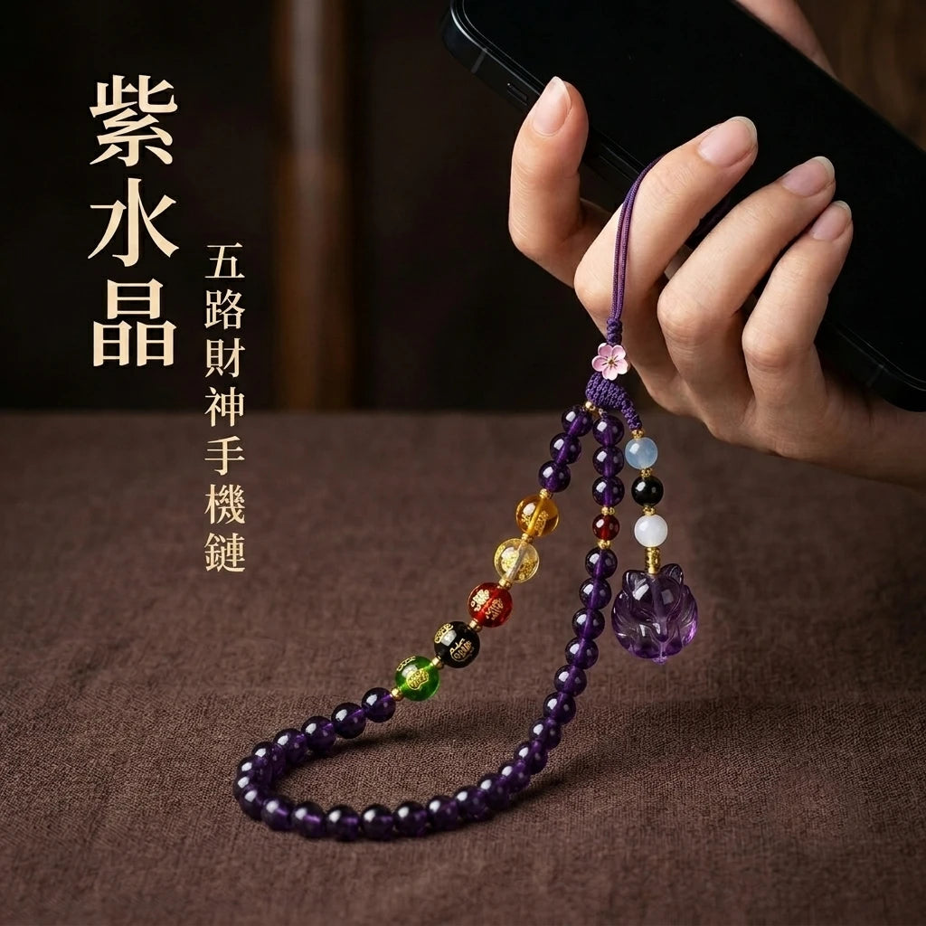 紫水晶五路財神手機鏈